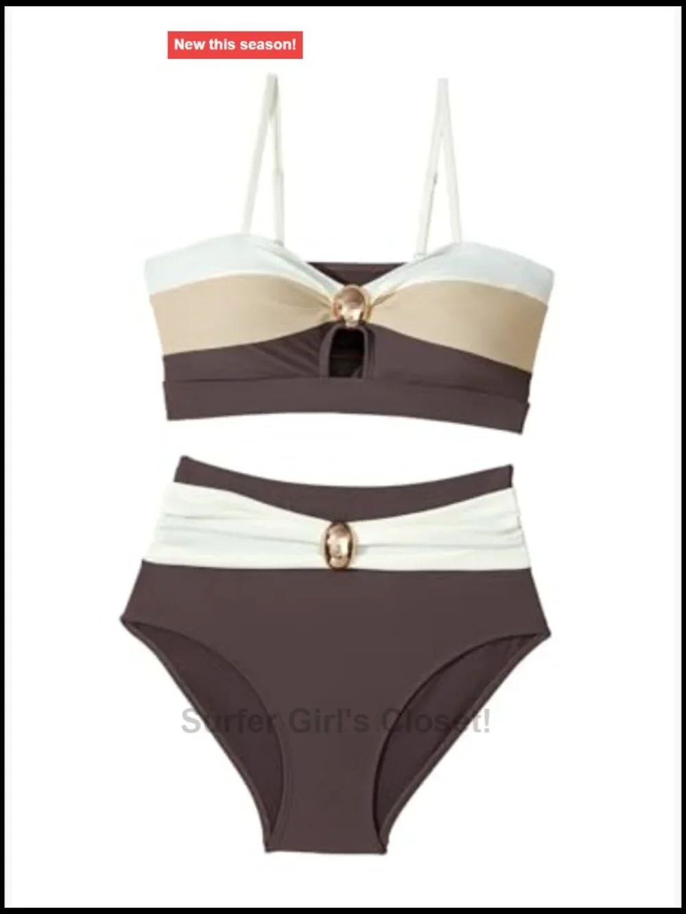 High Waisted Colorblock Bikini Set with Oval Metal Cutout